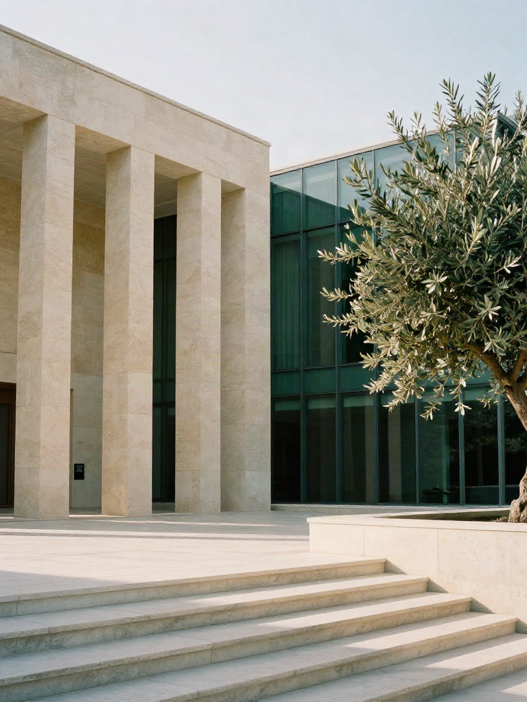 Sunlit limestone steps and architectural columns beside an olive tree at a contemporary Athens office